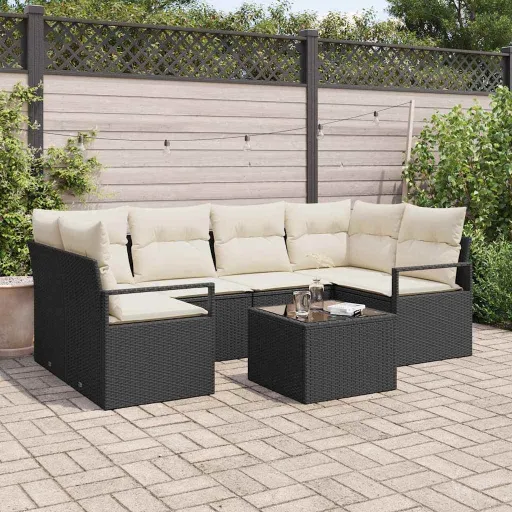 Conjunto de Sofá de Jardim com Almofada   Preto e Creme (7 pcs)