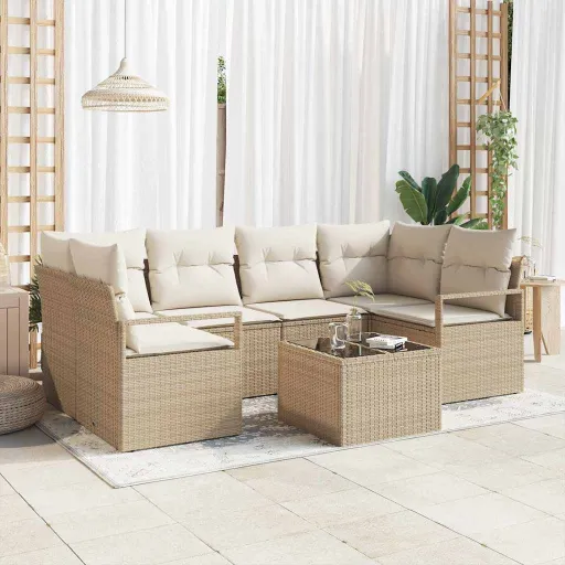 Conjunto de Sofá de Jardim com Almofada   Bege e Creme (7 pcs)