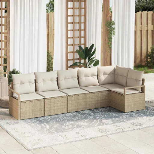 Conjunto de Sofá de Jardim   Bege e Branco Vime PE (6 pcs)