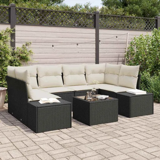 Conjunto de Sofá de Jardim   Preto e Creme Vime PE (8 pcs)