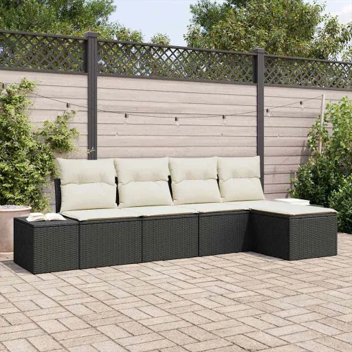 Conjunto de Sofá de Jardim   Preto e Creme Vime PE (5 pcs)