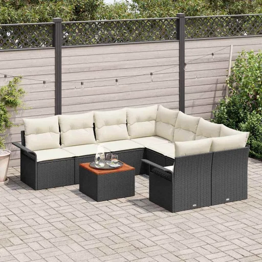 Conjunto de Sofá de Jardim   Preto e Creme Vime PE (9 pcs)