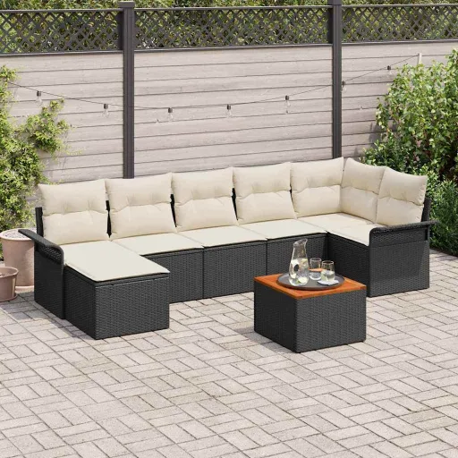 Conjunto de Sofá de Jardim   Preto e Creme Vime PE (8 pcs)