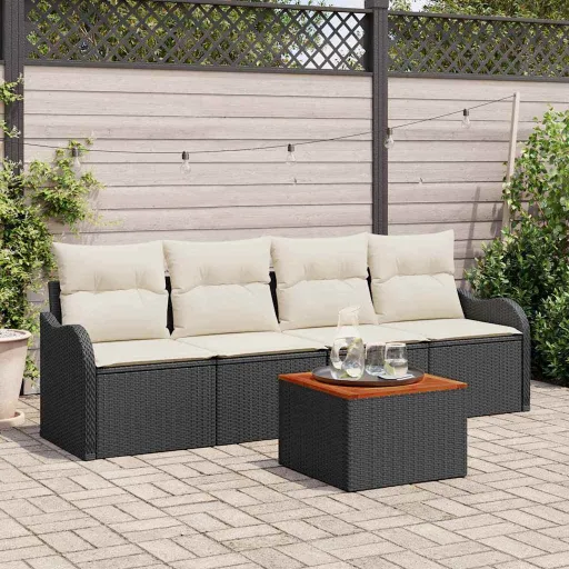 Conjunto de Sofá de Jardim   Preto e Creme Vime PE (5 pcs)
