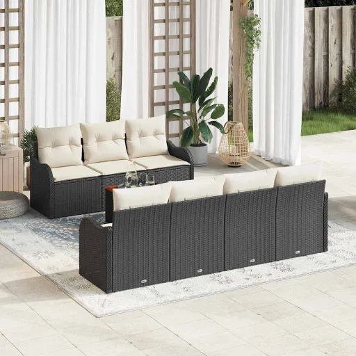 Conjunto de Sofá de Jardim   Preto e Creme Vime PE (8 pcs)