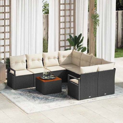 Conjunto de Sofá de Jardim   Preto e Creme Vime PE (9 pcs)