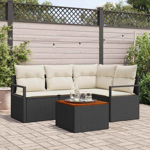 Conjunto de Sofá de Jardim   Preto e Creme Vime PE (5 pcs)