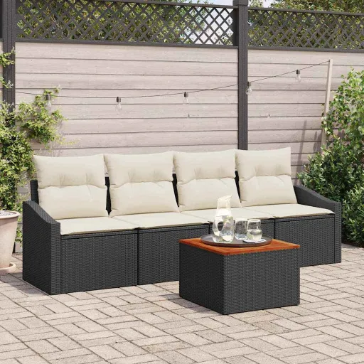 Conjunto de Sofá de Jardim   Preto e Creme Vime PE (5 pcs)