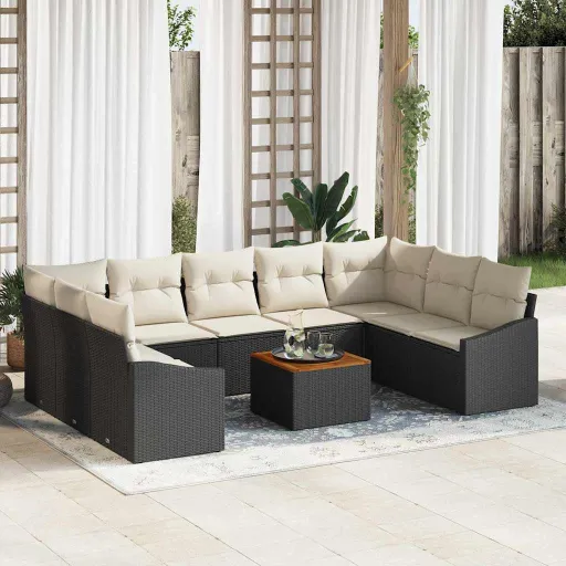 Conjunto de Sofá de Jardim   Preto e Creme Vime PE (10 pcs)