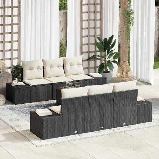 Conjunto de Sofá de Jardim   Preto e Creme Vime PE (7 pcs)