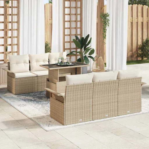 Conjunto de Sofá de Jardim   Bege Rattan Sintético (7 pcs)