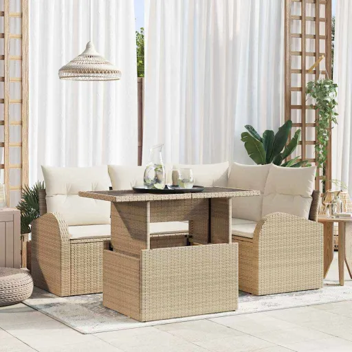 Conjunto de Sofá de Jardim   Bege Rattan Sintético (5 pcs)