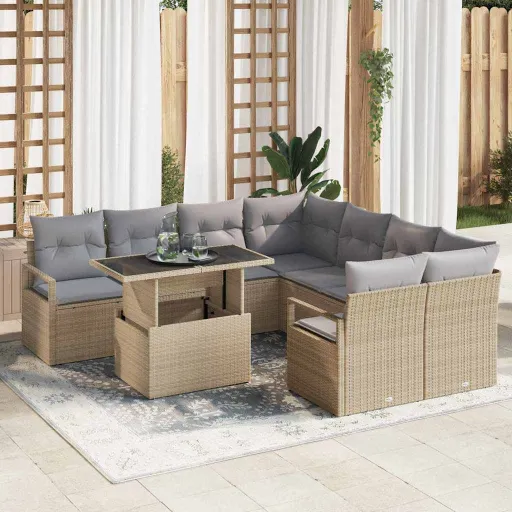 Conjunto de Sofá de Jardim   Bege Rattan Sintético (9 pcs)