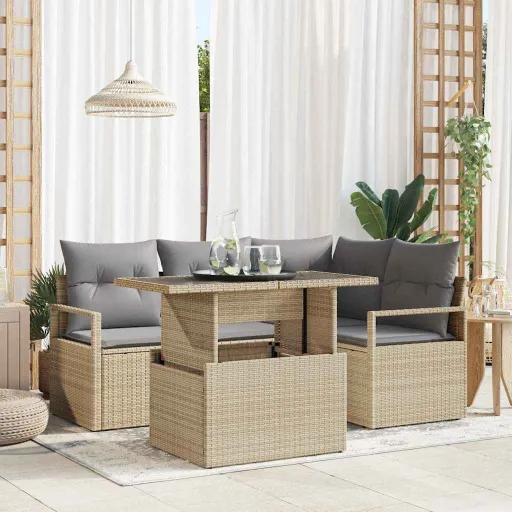 Conjunto de Sofá de Jardim   Bege Rattan Sintético (5 pcs)