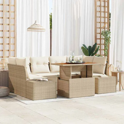 Conjunto de Sofá de Jardim   Bege Rattan Sintético (7 pcs)