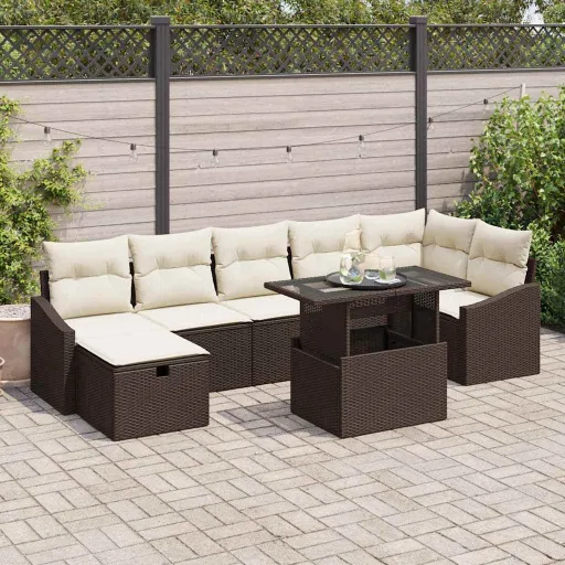Conjunto de Sofá de Jardim   Castanho Vime PE (8 pcs)