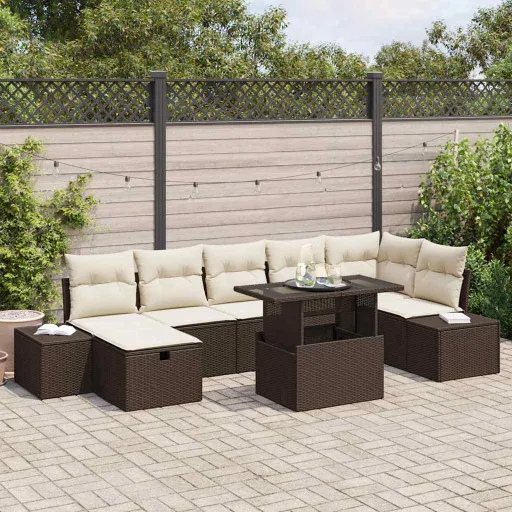 Conjunto de Sofá de Jardim   Castanho Vime PE (8 pcs)