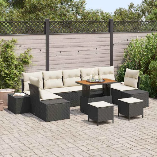 Conjunto de Sofá de Jardim com Almofada   Preto Vime PE (10 pcs)