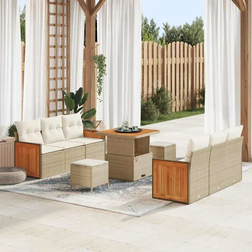 Conjunto de Sofá de Jardim com Almofada   Bege e Creme (9 pcs)