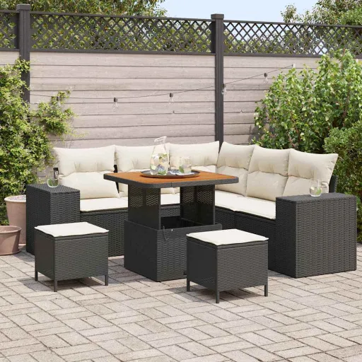 Conjunto de Sofá de Jardim com Almofada   Preto e Creme (8 pcs)