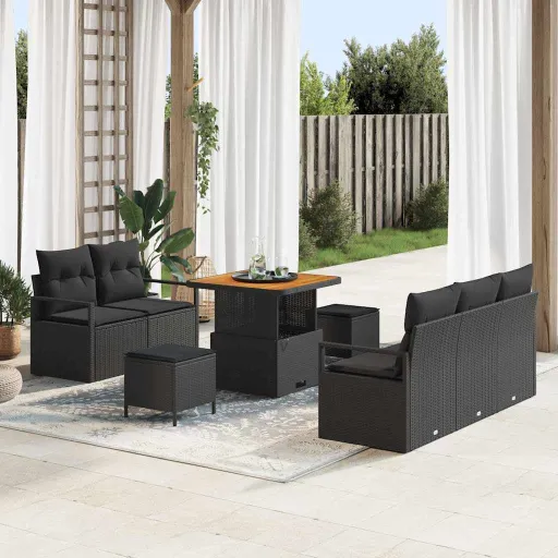 Conjunto de Sofá de Jardim com Almofada   Preto (8 pcs)