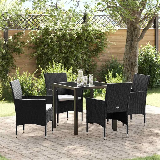 Conjunto de Jantar para Jardim com Almofada   Preto Vime PE (5 pcs)