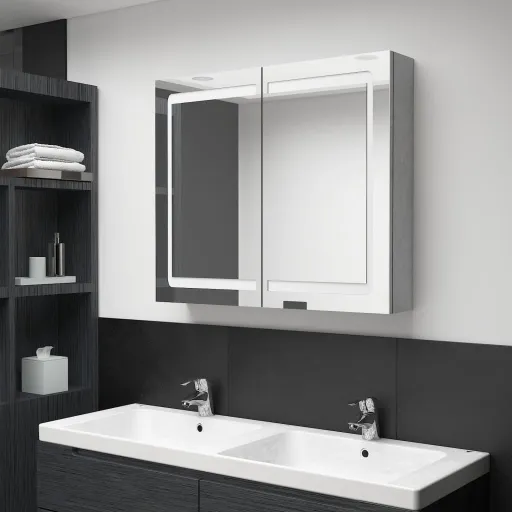 Armário Espelhado Casa de Banho LED 80x12x68cm Cinzento Cimento