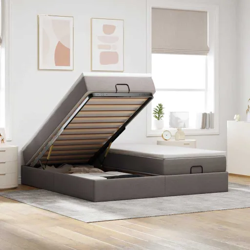 Estrutura de Cama Otomana com Colchões Tecido Cinzento