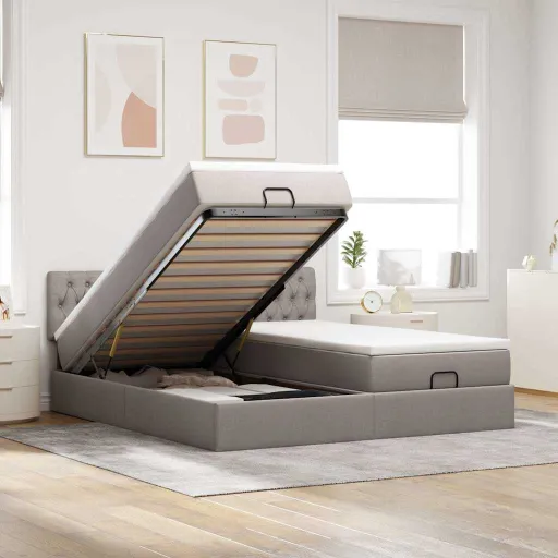 Estrutura de Cama Otomana com Colchões Tecido Cinzento