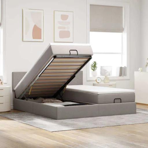Estrutura de Cama Otomana com Colchões Tecido Cinzento