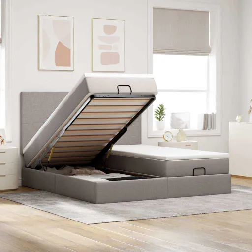 Estrutura de Cama Otomana com Colchões Tecido Cinzento