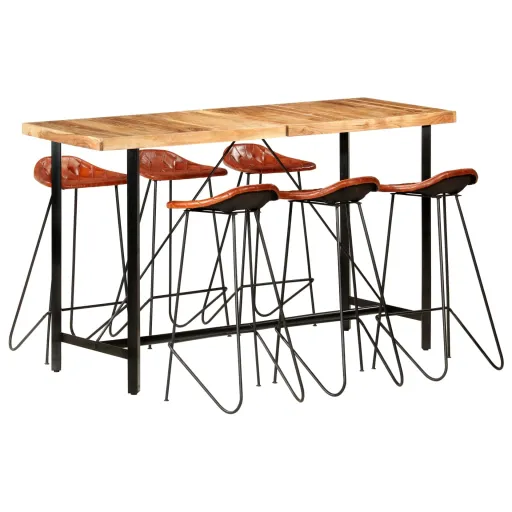 Conjunto de Bar Madeira de Acácia Maciça e Couro Genuíno (7 pcs)
