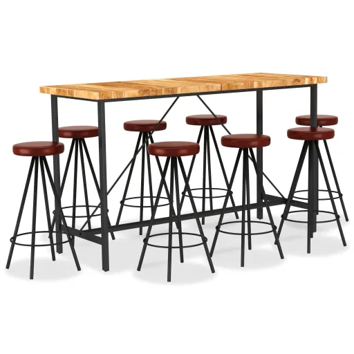 Conjunto de Bar Madeira de Acácia Maciça e Couro Genuíno (9 pcs)