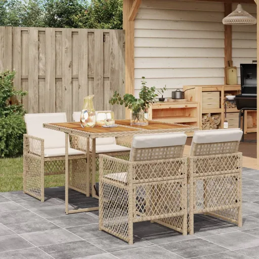 Conjunto de Jantar p/ Jardim com Almofadões Vime PE Bege (5 pcs)