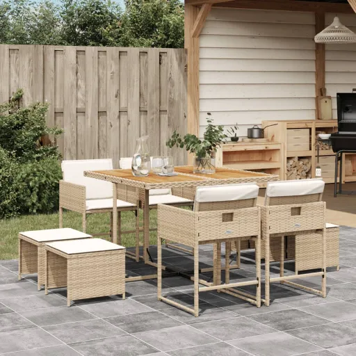 Conjunto de Jantar p/ Jardim com Almofadões Vime PE Bege (9 pcs)