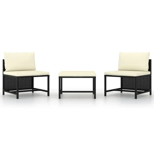 Conjunto Sofás de Jardim com Almofadões Vime PE Preto (3 pcs)