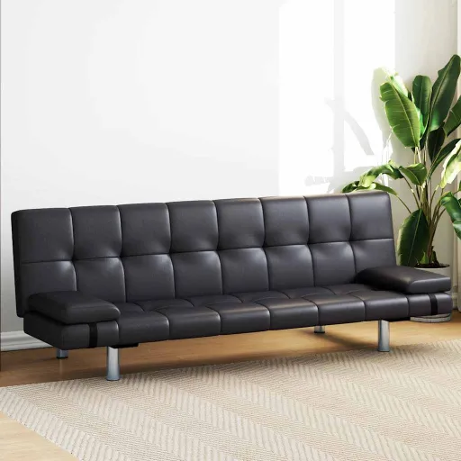 Sofa-Cama Ajustável com 2 Almofadas Couro Artificial Preto
