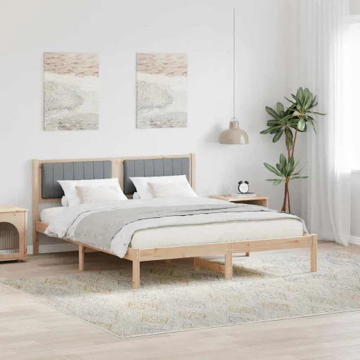 Estrutura de Cama com Cabeceira Estofada Cinzento-Claro