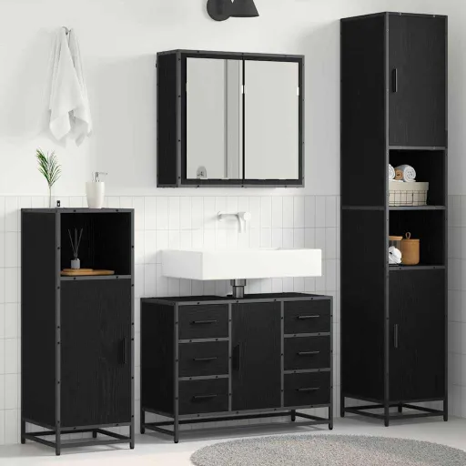 Conjunto de Móveis para Banheiro com Porta   Carvalho Preto (4 pcs)