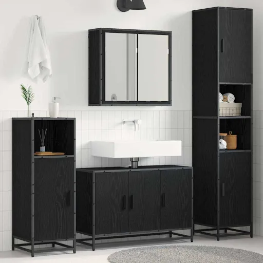 Conjunto de Móveis para Banheiro com Porta   Carvalho Preto (4 pcs)