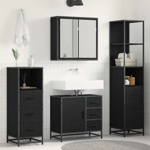 Conjunto de Móveis para Banheiro com Porta   Carvalho Preto (4 pcs)