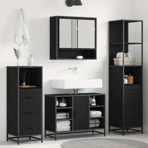 Conjunto de Móveis para Banheiro com Porta   Carvalho Preto (4 pcs)