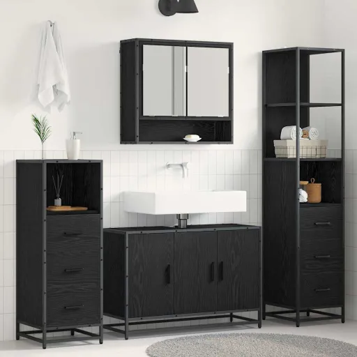 Conjunto de Móveis para Banheiro com Porta   Carvalho Preto (4 pcs)