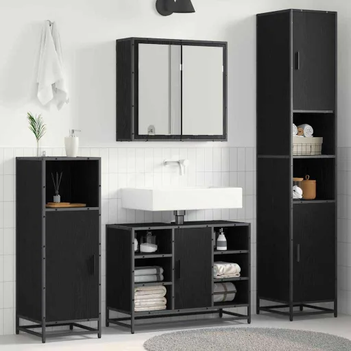 Conjunto de Móveis para Banheiro com Porta   Carvalho Preto (4 pcs)