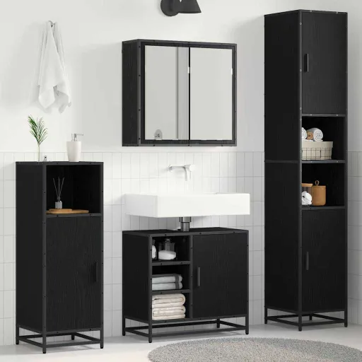 Conjunto de Móveis para Banheiro com Porta   Carvalho Preto (3 pcs)