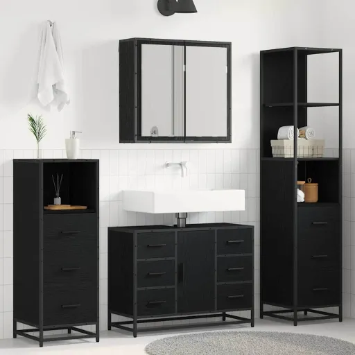 Conjunto de Móveis para Banheiro com Porta   Carvalho Preto (3 pcs)