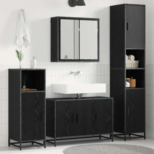 Conjunto de Móveis para Banheiro com Porta   Carvalho Preto (3 pcs)