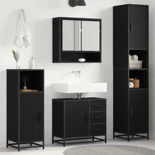 Conjunto de Móveis para Banheiro com Porta   Carvalho Preto (4 pcs)