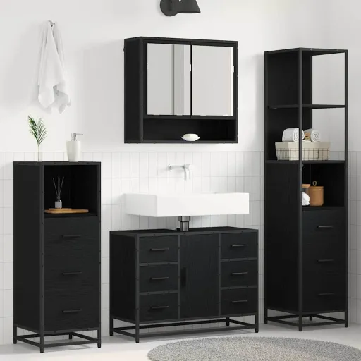 Conjunto de Móveis para Banheiro com Porta   Carvalho Preto (4 pcs)
