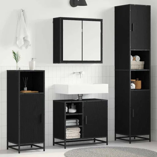 Conjunto de Móveis para Banheiro com Porta   Carvalho Preto (4 pcs)